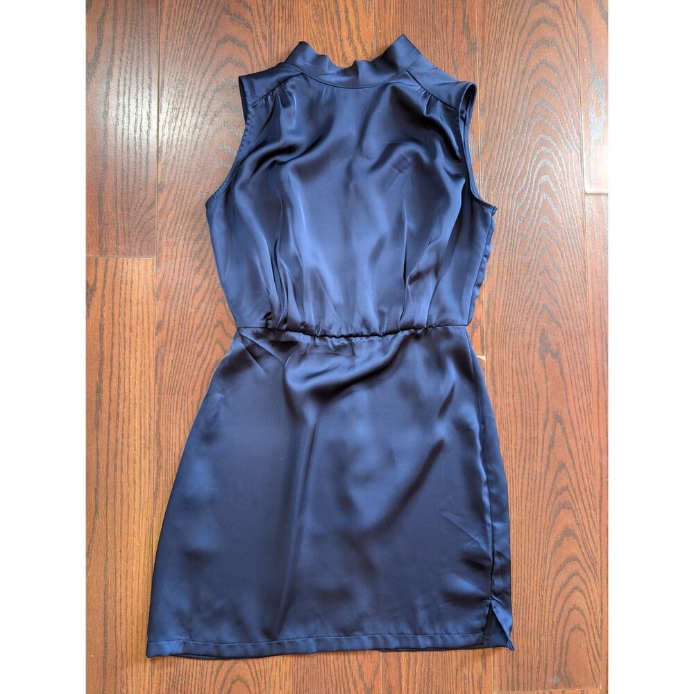 Lulus Classic Elegance Navy Satin Sleeveless Mock Neck Mini Dress M